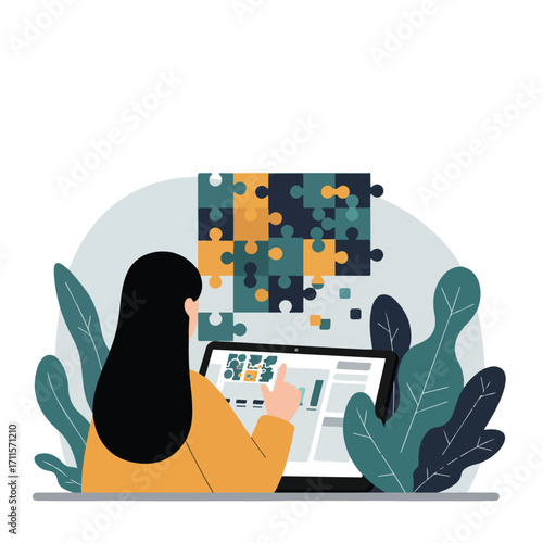Woman views a puzzle on tablet, with plants and geometric shapes in background