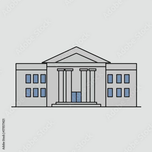 Stylized illustration of a symmetrical building with columns and windows on a light gray