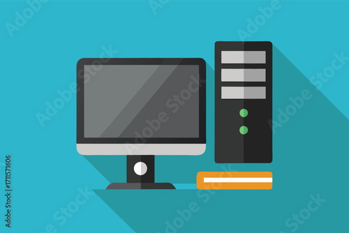 Desktop computer setup with monitor, tower, and book on a blue background