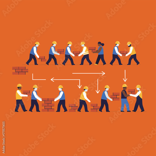A diverse group of construction workers in hard hats collaborate to build a brick wall, illustrating efficient teamwork and a streamlined production process.