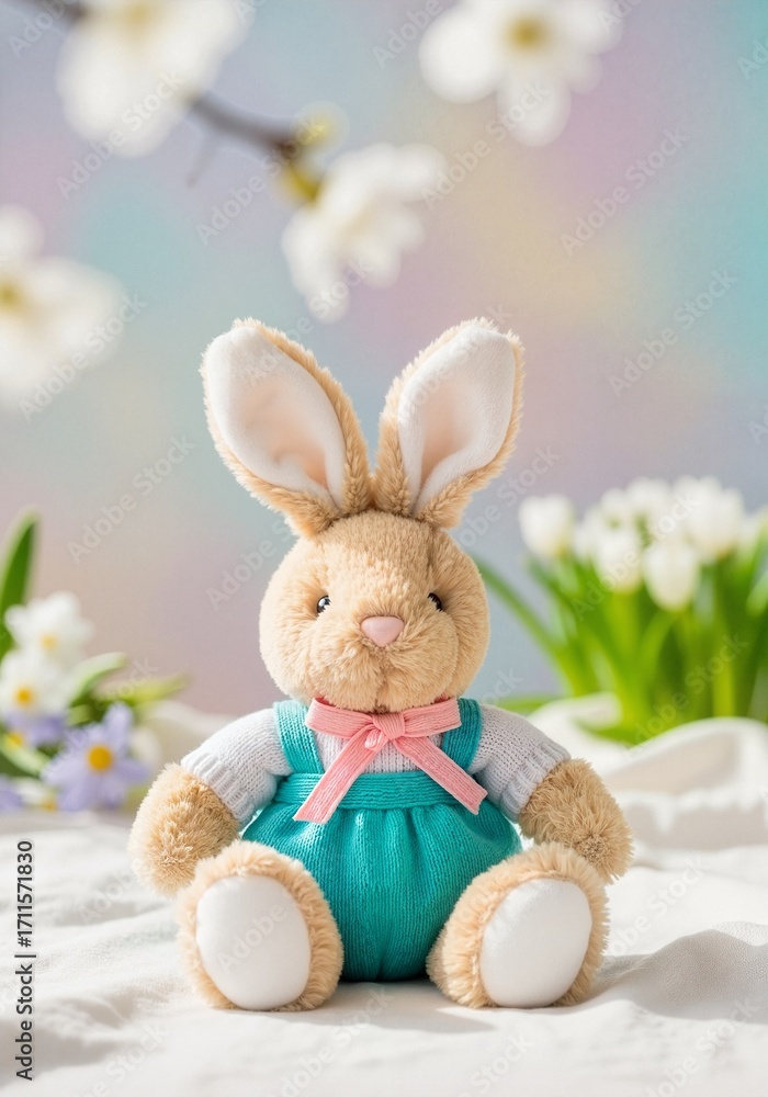 Obraz premium A bunny plush toy sits on soft white fabric. Adorable Easter decoration, pastel colors.