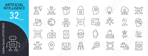 Artificial intelligence icons set with brain, robot, chip, algorithm, data, automation, neural network, machine, learning, and innovation symbols. Outline style, perfect for tech and digital projects.