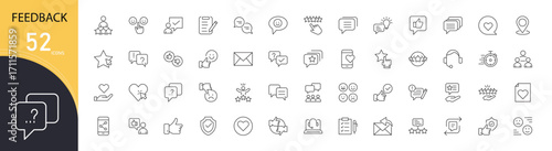Feedback icons set with chat, survey, review, rating, comment, suggestion, response, customer, evaluation, and opinion symbols. Outline style, ideal for business, service, and communication projects.