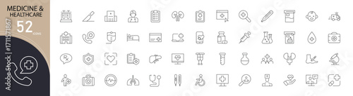 Medicine and healthcare icons set with pill, capsule, syringe, stethoscope, doctor, hospital, treatment, vaccine, cross, and health symbols. Outline style, perfect for medical and pharmacy projects.