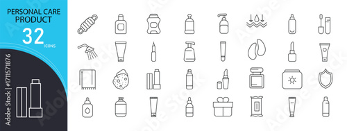 Personal care product icons set with shampoo, soap, lotion, cream, deodorant, toothbrush, cosmetics, perfume, towel, and skincare symbols. Outline style, perfect for beauty, hygiene, and lifestyle .