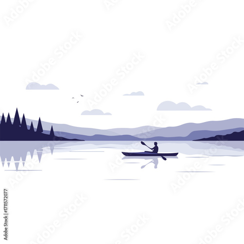 Minimalist vector scene of a person kayaking on a lake reflecting trees and mountains
