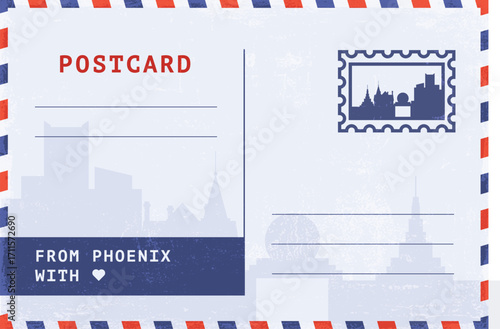 From Phoenix, USA postal card template. Vector postcard illustration with stamp, landmark, message. Arizona state capital greetings image layout