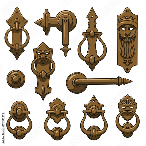 A collection of various ornate, bronze-colored door knockers on a plain white background