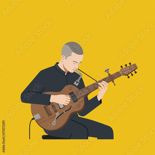 Minimalistic illustration of a man playing a guitar on a plain yellow backdrop