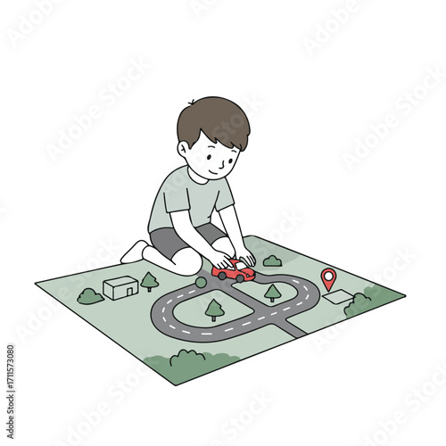Cartoon boy plays with a red toy car on a toy road mat with trees and a destination pin