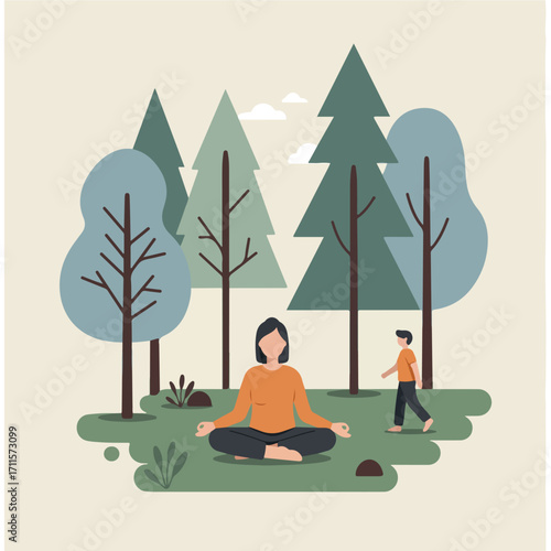 Woman meditating in a forest with a walker nearby. Earthy minimalist vector illustration