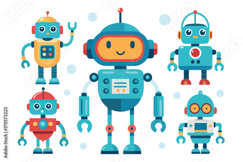 Colorful and friendly cartoon robots gathered together in a playful scene