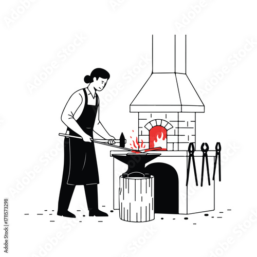 A blacksmith in apron forging hot metal with hammer and tongs near brick furnace