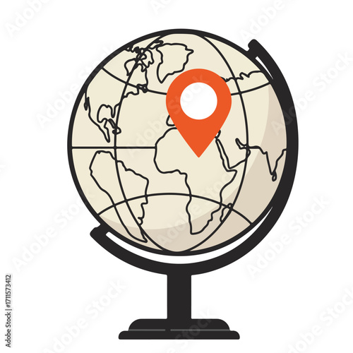 Globe illustration showing continents with orange location pin on it, neutral colors