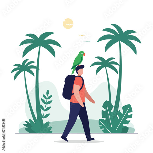 Tourist with parrot travels tropical scene with palms, sun, birds for a peaceful vacation