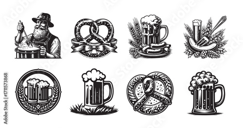 Oktoberfest beer festival emblems with man pretzel beer mugs and sausages Keywords: oktoberfest, beer, festival, emblem, logo, badge, man, brewer