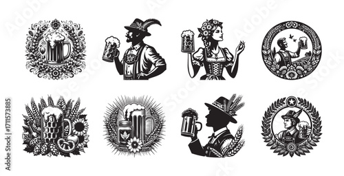 Oktoberfest Beer Festival Emblems with People and Beer Mugs vector illustration