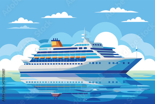 Cruise ship sailing on calm waters under bright blue skies with fluffy clouds