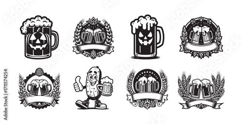 Oktoberfest Halloween Beer Mugs and Cartoon Pickle with Beer vector