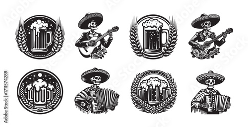 Oktoberfest Skeletons Playing Accordion and Guitar with Beer Mugs vector illustration