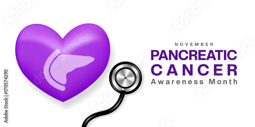 November is National Pancreatic Cancer Awareness Month. Pancreatic Cancer, heart and stethoscope. Suitable for posters, banners and social media. White background.