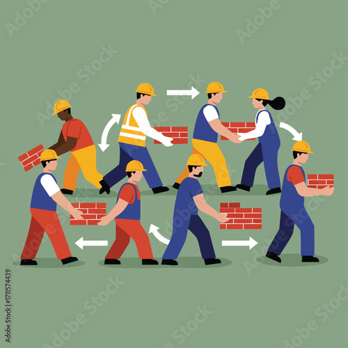 This vibrant illustration showcases a diverse team of workers in safety gear diligently passing bricks in a continuous cycle, emphasizing collaboration and an efficient construction process.