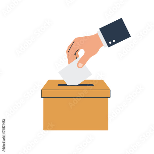 Hand in suit jacket sleeve inserting ballot in slot of a tan ballot box illustration