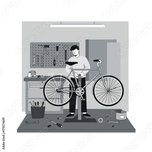 Illustrated person repairs a bicycle with tools in a workshop, in black and white tones