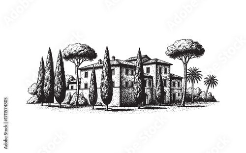 Ancient villa with cypresses and palm trees