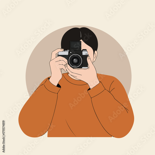 Cartoon person with dark hair holds a camera with two hands, preparing to take a photo