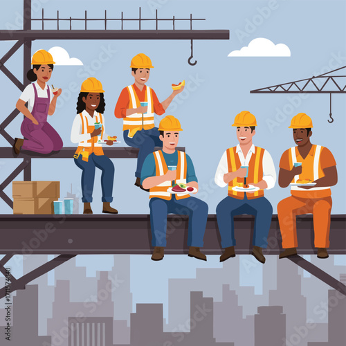 Diverse construction workers enjoy a well-deserved lunch break high above the city, fostering teamwork and camaraderie on the job site.