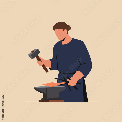 Smith shaping red-hot metal with hammer on anvil, tools nearby; flat vector illustration