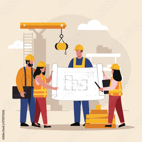 A diverse team of construction workers wearing safety gear collaborates on a blueprint at an active building site, planning the next phase of development.