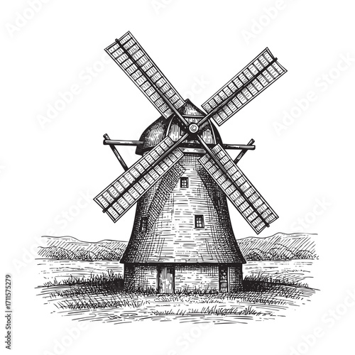 Windmill in rural landscape scene illustration vector style