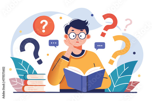 Young person pondering questions while reading a book surrounded by colorful illustrations in a cozy setting