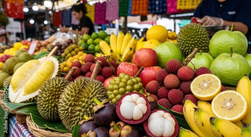 Fototapeta Naklejka Na Ścianę i Meble -  Close-up of an abundant assortment of fresh tropical fruits including durian, mangosteen, lychee, bananas, and guavas at a vibrant market.