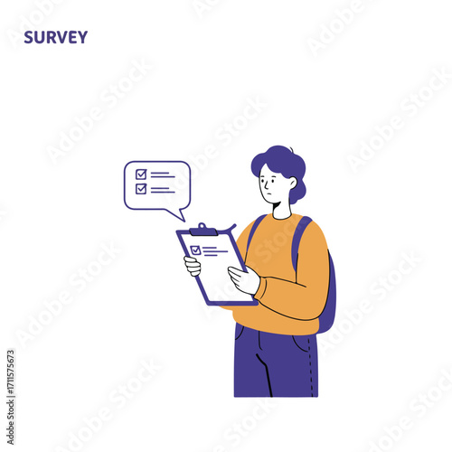 Person with backpack holding survey on a clipboard, with checklist speech bubble