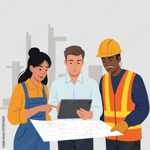 A diverse team of construction professionals, including an architect, engineer, and worker, collaboratively reviews building blueprints and digital plans.