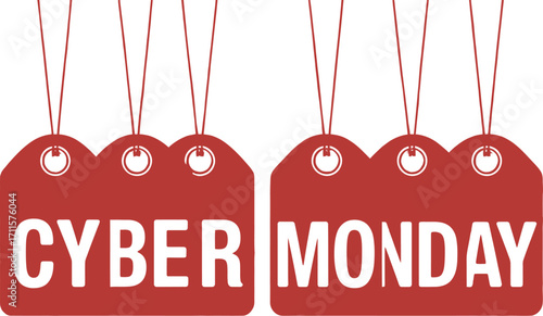 Red sale tags with CYBER MONDAY text, perfect for holiday shopping promotions