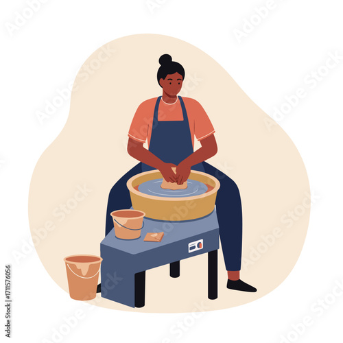A person shapes clay on a pottery wheel in a flat illustration style drawing