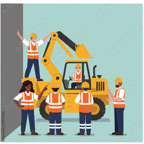 A diverse team of construction workers collaborate around an excavator on a job site, highlighting teamwork and safety in the industry.