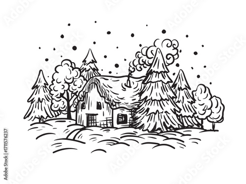 Winter landscape with house line art illustration. Contour drawing. Christmas invitation, poster or card design