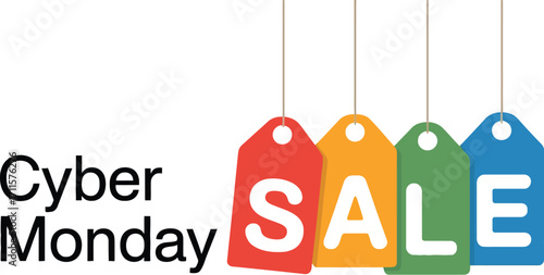 Brightly colored tags spelling out SALE hang next to Cyber Monday text, announcing online shopping deals