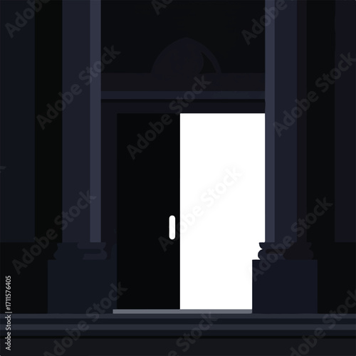 Door stands ajar, a bright light beckoning from within the dark building's interior