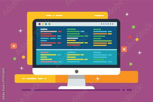 Colorful computer screen displaying coding lines and graphics in a modern workspace setting