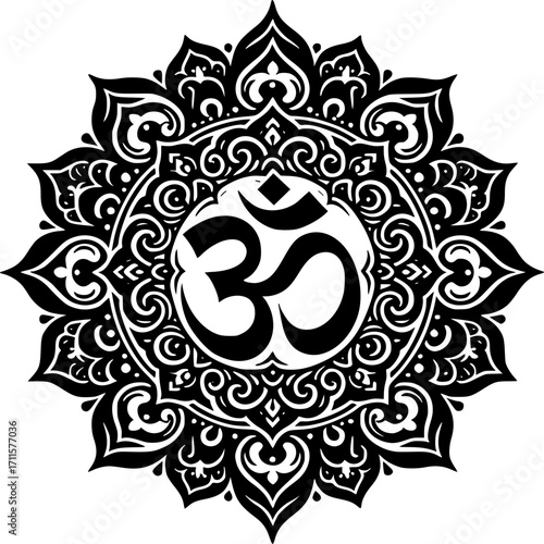 Mystical Om Mandala: A symmetrical, detailed mandala design featuring the sacred Om symbol, inviting reflection, meditation, and spiritual exploration.