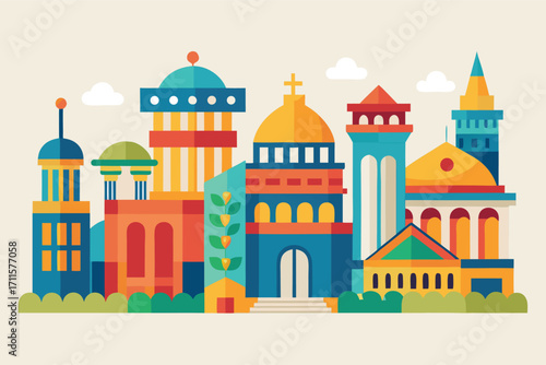 Colorful cityscape with diverse architectural styles and vibrant structures