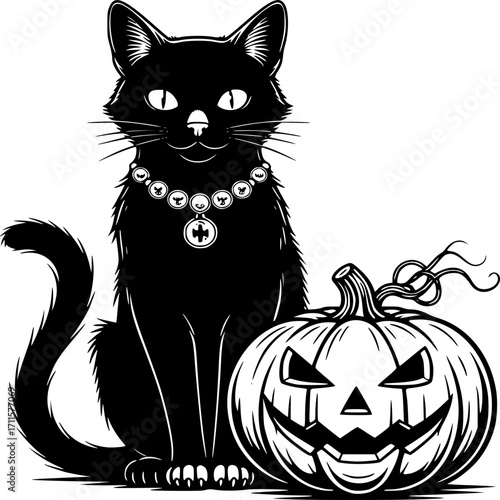 Mysterious Cat and Jack-o'-Lantern: A captivating monochrome illustration unveils a sleek black cat adorned with a collar, seated beside a carved jack-o'-lantern, embodying Halloween's spooky spirit.