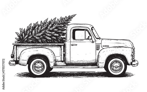 Delivery of christmas tree on retro pickup truck illustration vector style
