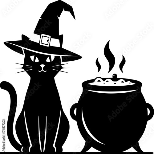 Mysterious Cat in Costume with Boiling Cauldron: An adorable black cat with pointy ears, elegantly adorned with a witch hat, stands next to a boiling cauldron, exuding an aura of mystery and charm.